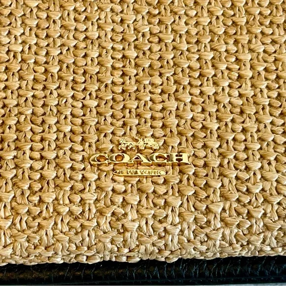 NWT COACH DOUBLE ZIP LARGE WALLET WRISTLET STRAW CAP26 LEATHER TOAST/BLACK - Picture 4 of 12